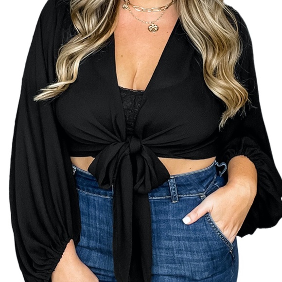 Tops - Brand New Plus Size Black Crop Balloon Sleeve Wrap Top